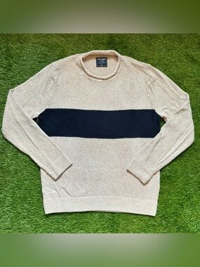 Abercrombie & Fitch Textured Stripe Knit Sweater Beige Navy Medium